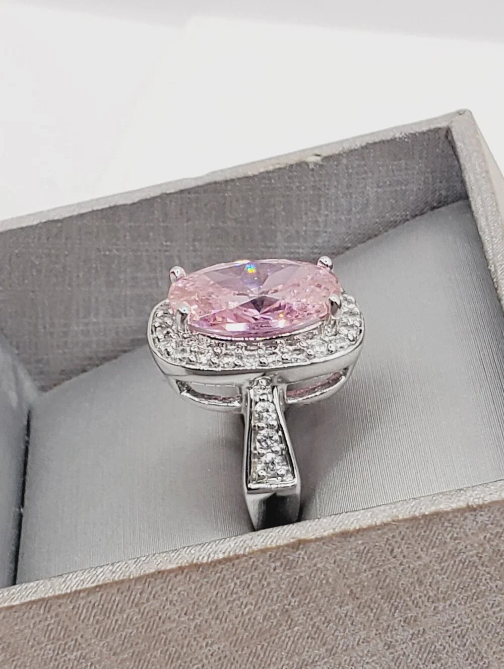 Pink Oval Halo Cocktail Ring in Silver Tone